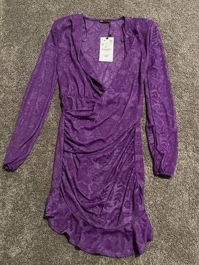 NEW Zara Purple Long-Sleeve Ruched Wrap Dress, Small with Tags